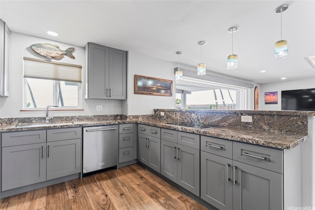 84-663 Upena St, Waianae, HI 96792 - kitchen featuring dishwasher, gray cabinets, a peninsula, black electric stovetop, and recessed lighting