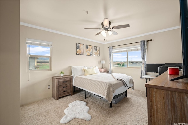 91-3633 Kauluakoko St Unit 412, Ewa Beach, HI 96706 - bedroom with light carpet, crown molding, an office area, and a ceiling fan
