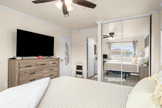 91-3633 Kauluakoko St Unit 412, Ewa Beach, HI 96706 - bedroom featuring crown molding, a closet, carpet, and a ceiling fan