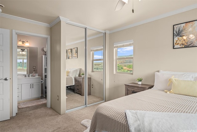 91-3633 Kauluakoko St Unit 412, Ewa Beach, HI 96706 - bedroom with light carpet, a closet, crown molding, and ensuite bathroom