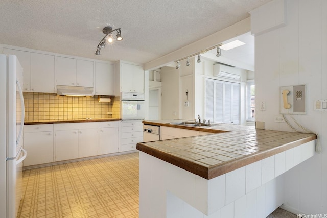 4722 Likini St, Honolulu, HI 96818 - kitchen featuring white appliances, under cabinet range hood, a wall mounted air conditioner, rail lighting, and decorative backsplash