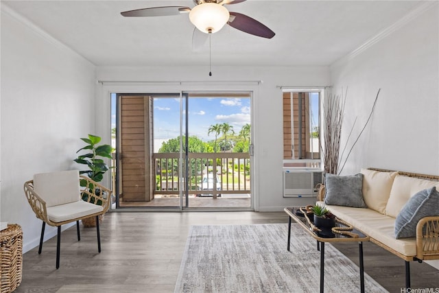 91-1213 Kaneana St Unit 12B, Ewa Beach, HI 96706 - living area with ceiling fan, crown molding, wood finished floors, and cooling unit