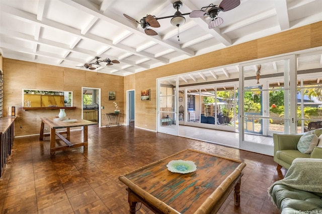 259 N Kalaheo Ave Unit A, Kailua, HI 96734 - living room with a ceiling fan, coffered ceiling, and beam ceiling