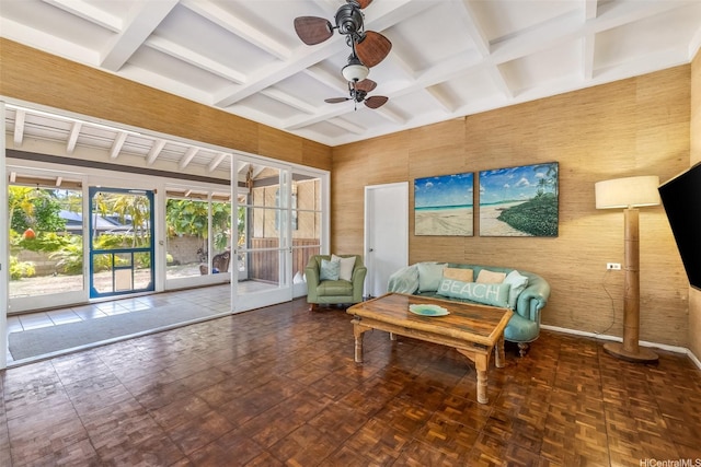 259 N Kalaheo Ave Unit A, Kailua, HI 96734 - living room featuring a ceiling fan, coffered ceiling, and beam ceiling
