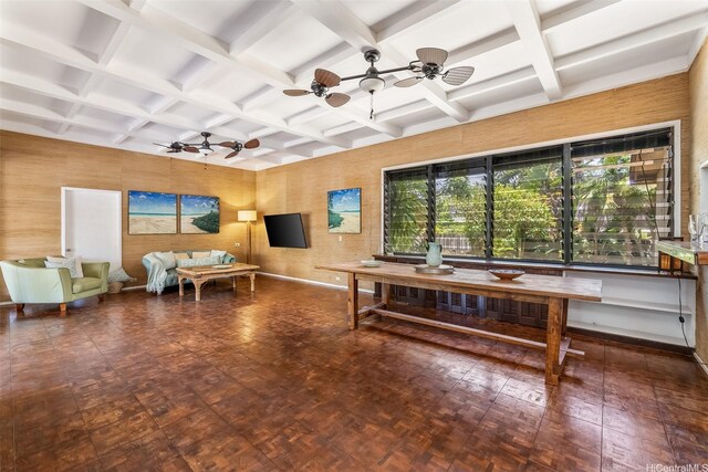 259 N Kalaheo Ave Unit A, Kailua, HI 96734 - living room featuring coffered ceiling, a ceiling fan, and beamed ceiling