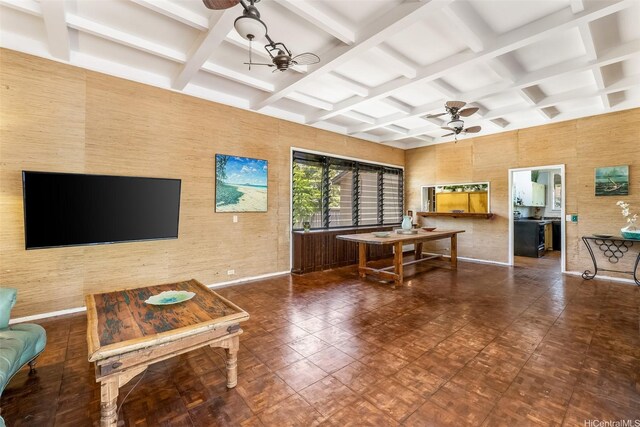259 N Kalaheo Ave Unit A, Kailua, HI 96734 - game room with a ceiling fan, coffered ceiling, and beamed ceiling