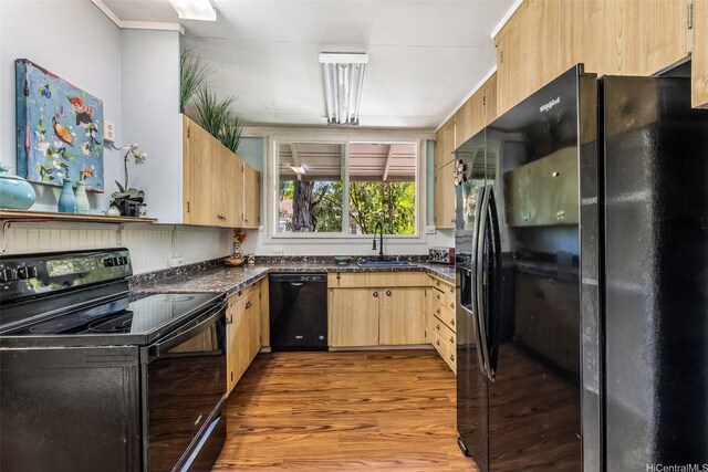 259 N Kalaheo Ave Unit A, Kailua, HI 96734 - kitchen featuring black appliances, light wood-type flooring, and light brown cabinetry
