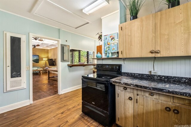 259 N Kalaheo Ave Unit A, Kailua, HI 96734 - kitchen with black electric range oven, wood finished floors, electric panel, and dark stone countertops