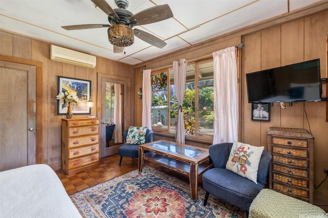 259 N Kalaheo Ave Unit A, Kailua, HI 96734 - bedroom with an AC wall unit, multiple windows, wood walls, and ceiling fan