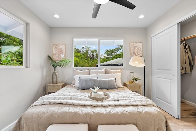 16-2154 Coral Dr, Pahoa, HI 96778 - bedroom with light wood-style flooring, recessed lighting, a ceiling fan, and a closet