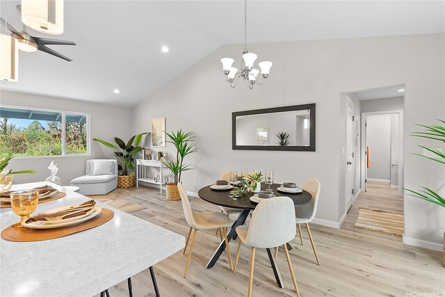 16-2154 Coral Dr, Pahoa, HI 96778 - dining area with a chandelier, vaulted ceiling, light wood-style flooring, and recessed lighting