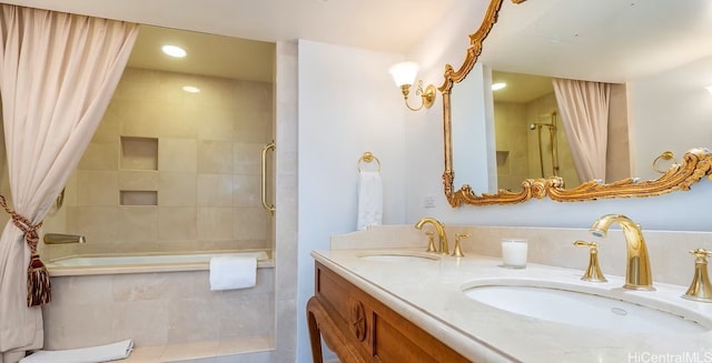 1888 Kalakaua Ave Unit 3504, Honolulu, HI 96815 - bathroom featuring tiled shower / bath, double vanity, and recessed lighting