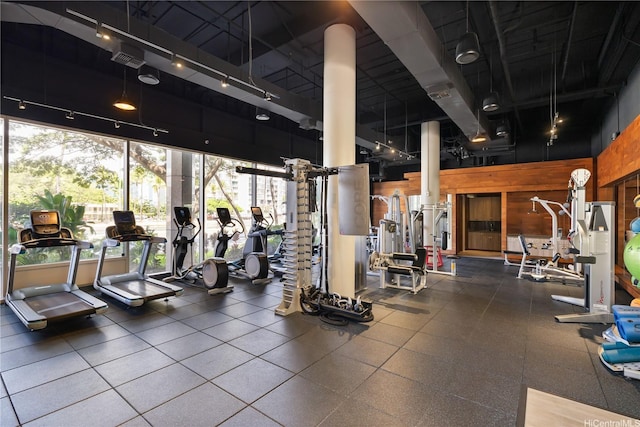 1888 Kalakaua Ave Unit 3504, Honolulu, HI 96815 - workout area featuring track lighting, wood walls, and a high ceiling