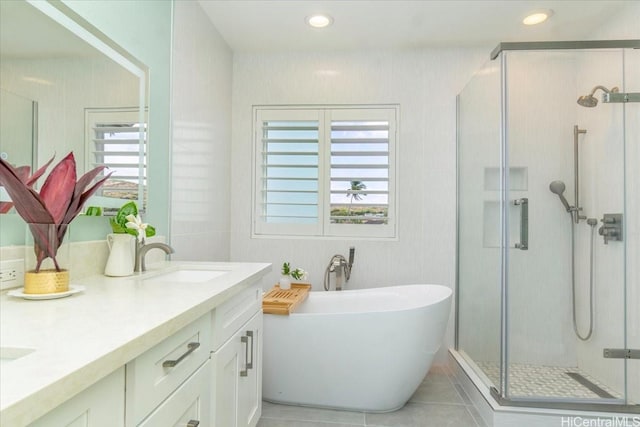 520 Lunalilo Home Rd Unit 354, Honolulu, HI 96825 - full bath featuring a shower stall, double vanity, a freestanding tub, tile patterned floors, and recessed lighting