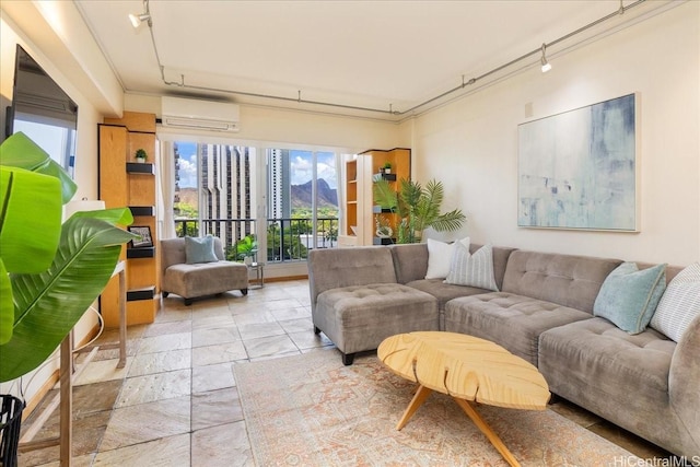 303 Liliuokalani Ave Unit 1102, Honolulu, HI 96815 - living room with a wall mounted air conditioner, track lighting, and light marble finish floors