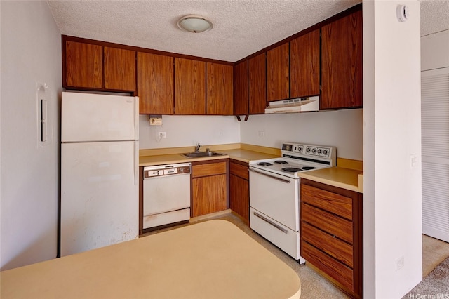 2754 Kuilei St Unit 702, Honolulu, HI 96826 - kitchen featuring white appliances, under cabinet range hood, a textured ceiling, light countertops, and brown cabinets