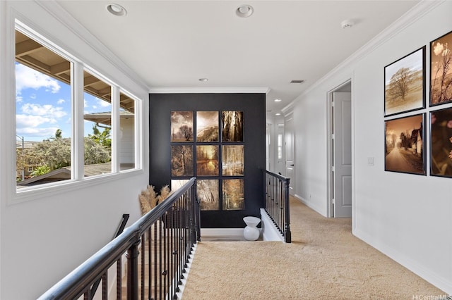 91-1298 Kuanoo St, Ewa Beach, HI 96706 - corridor featuring an upstairs landing, recessed lighting, carpet, and crown molding