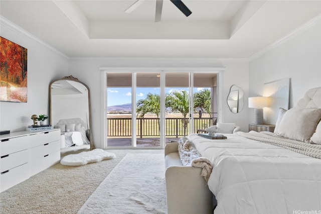 91-1298 Kuanoo St, Ewa Beach, HI 96706 - bedroom featuring access to outside, a raised ceiling, carpet floors, a ceiling fan, and crown molding