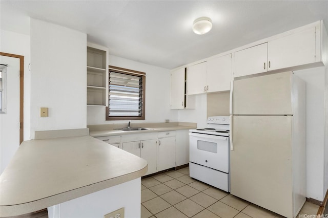 84-570 Farrington Hwy Unit D, Waianae, HI 96792 - kitchen featuring white appliances, a peninsula, light countertops, white cabinets, and open shelves