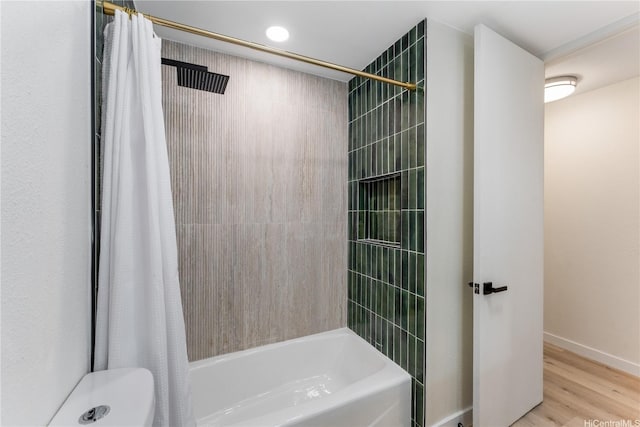 333 Aoloa St Unit 214, Kailua, HI 96734 - full bath featuring shower / tub combo with curtain, wood finished floors, and recessed lighting