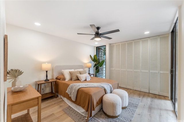 333 Aoloa St Unit 214, Kailua, HI 96734 - bedroom with light wood-style floors, recessed lighting, and a ceiling fan