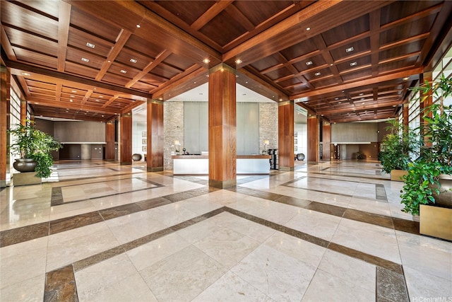 1177 Queen St Unit 4104, Honolulu, HI 96814 - community lobby featuring coffered ceiling, a wooden ceiling with exposed beams, and recessed lighting