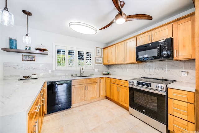 539 N Kainalu Dr, Kailua, HI 96734 - kitchen featuring black appliances, tasteful backsplash, a ceiling fan, light tile patterned floors, and pendant lighting