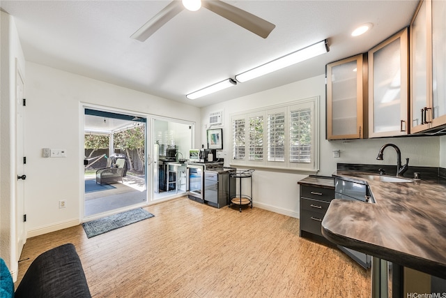 539 N Kainalu Dr, Kailua, HI 96734 - kitchen featuring light wood finished floors, dark countertops, plenty of natural light, and ceiling fan