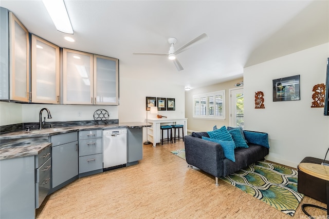 539 N Kainalu Dr, Kailua, HI 96734 - kitchen featuring white dishwasher, light wood-style floors, gray cabinetry, glass insert cabinets, and dark countertops