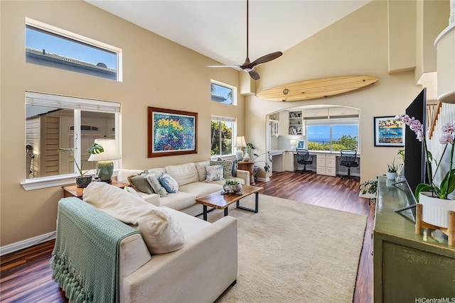 92-6024 Kohi St, Kapolei, HI 96707 - living room with a high ceiling, ceiling fan, wood finished floors, and a desk