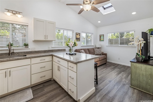 92-6024 Kohi St, Kapolei, HI 96707 - kitchen featuring a skylight, ceiling fan, plenty of natural light, a peninsula, and high vaulted ceiling