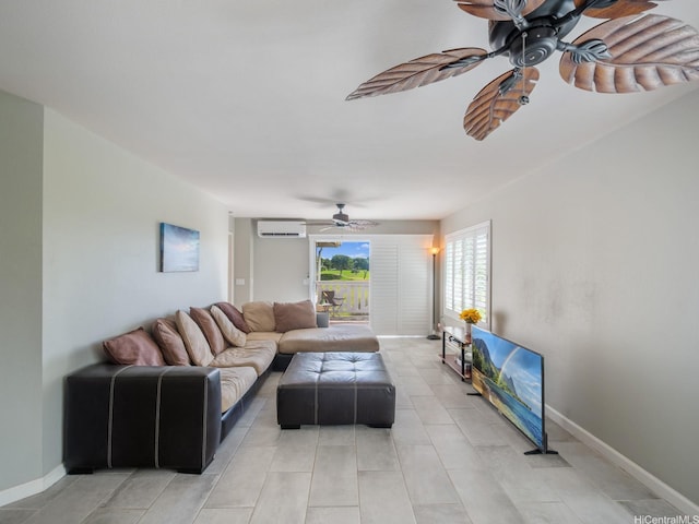 91-1058 Kekuilani Loop Unit 1508, Kapolei, HI 96707 - living area with ceiling fan, light tile patterned flooring, and an AC wall unit