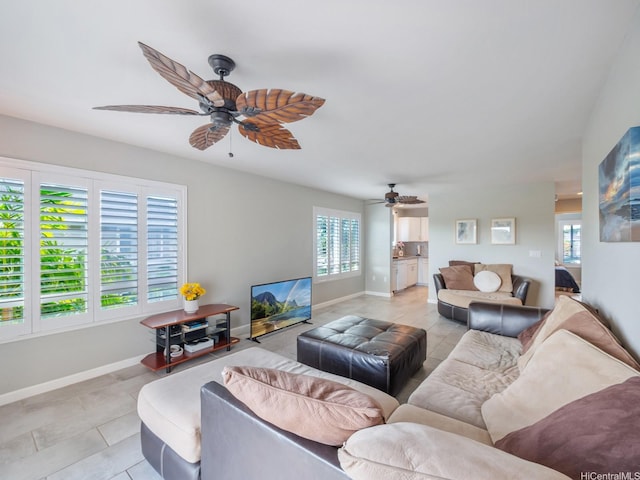 91-1058 Kekuilani Loop Unit 1508, Kapolei, HI 96707 - living room featuring ceiling fan, healthy amount of natural light, and light tile patterned floors