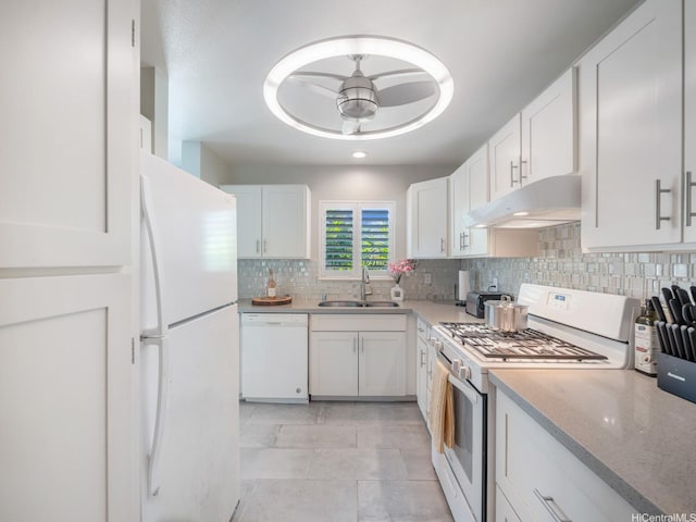 91-1058 Kekuilani Loop Unit 1508, Kapolei, HI 96707 - kitchen featuring white appliances, under cabinet range hood, ceiling fan, decorative backsplash, and white cabinets
