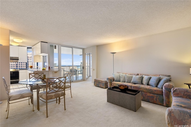 1212 Nuuanu Ave Unit 3402, Honolulu, HI 96817 - living area featuring light carpet, a textured ceiling, and floor to ceiling windows