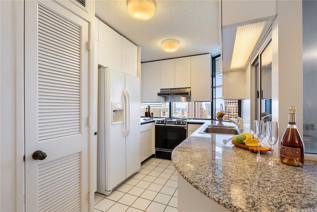 1212 Nuuanu Ave Unit 3402, Honolulu, HI 96817 - kitchen featuring white fridge with ice dispenser, electric range, under cabinet range hood, light tile patterned floors, and white cabinets