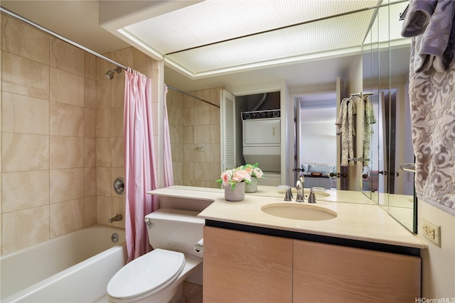 1212 Nuuanu Ave Unit 3402, Honolulu, HI 96817 - bathroom featuring stacked washer / drying machine, shower / bathtub combination with curtain, and vanity