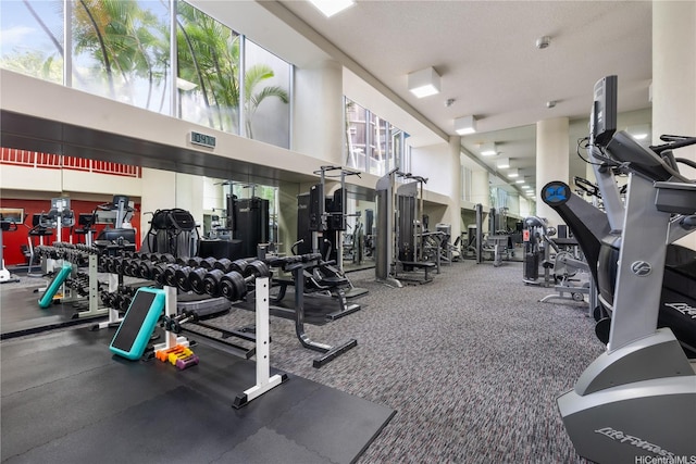 1212 Nuuanu Ave Unit 3402, Honolulu, HI 96817 - exercise room featuring a towering ceiling and carpet flooring