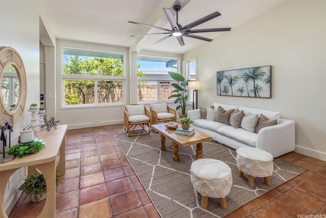 54-290 Kawaipuna Pl, Hauula, HI 96717 - living area with plenty of natural light, a ceiling fan, and lofted ceiling