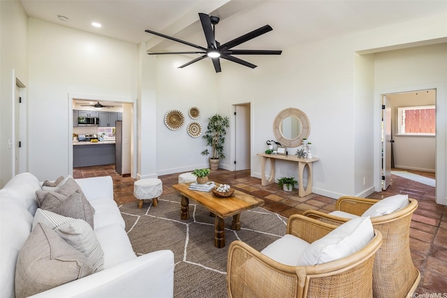 54-290 Kawaipuna Pl, Hauula, HI 96717 - living area featuring a ceiling fan, high vaulted ceiling, and recessed lighting
