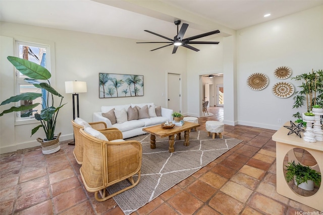 54-290 Kawaipuna Pl, Hauula, HI 96717 - living room with a ceiling fan, lofted ceiling, recessed lighting, and stone tile floors