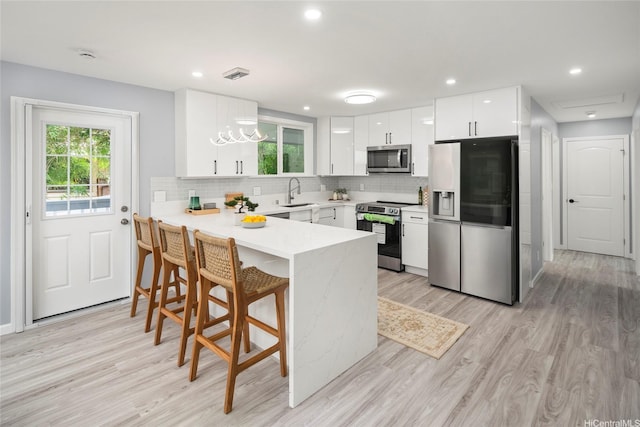 1989 9th Ave, Honolulu, HI 96816 - kitchen featuring appliances with stainless steel finishes, a peninsula, light countertops, light wood finished floors, and backsplash