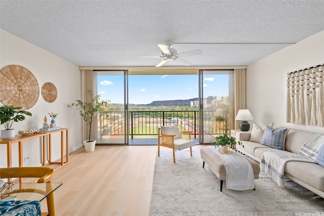 2444 Hihiwai St Unit 902, Honolulu, HI 96826 - living area with wood finished floors, expansive windows, ceiling fan, a textured ceiling, and plenty of natural light