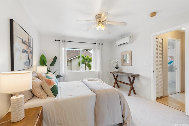 92-1487-A Aliinui Dr Unit 27A, Kapolei, HI 96707 - bedroom with a wall mounted air conditioner, light colored carpet, and ceiling fan