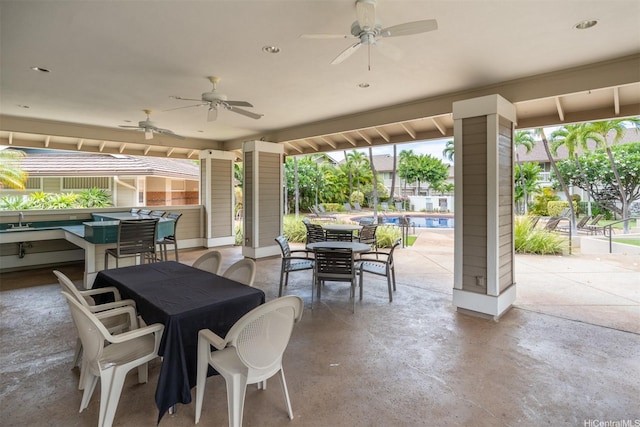 92-1487-A Aliinui Dr Unit 27A, Kapolei, HI 96707 - view of patio / terrace with outdoor dining area, a ceiling fan, and an outdoor pool