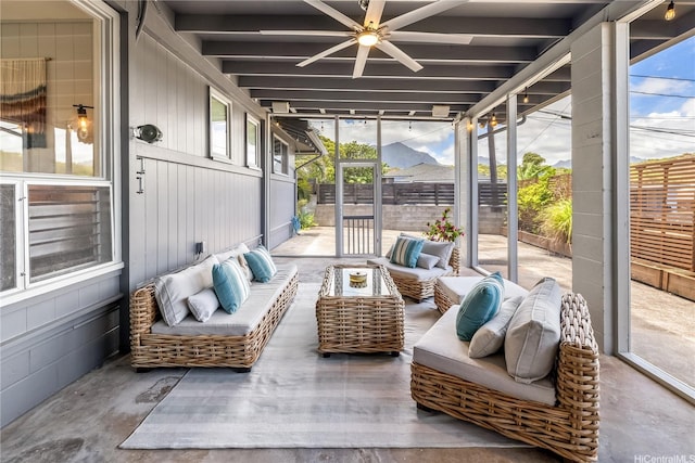 1384 Nanawale Pl, Kailua, HI 96734 - sunroom / solarium featuring ceiling fan, an outdoor hangout area, and beam ceiling
