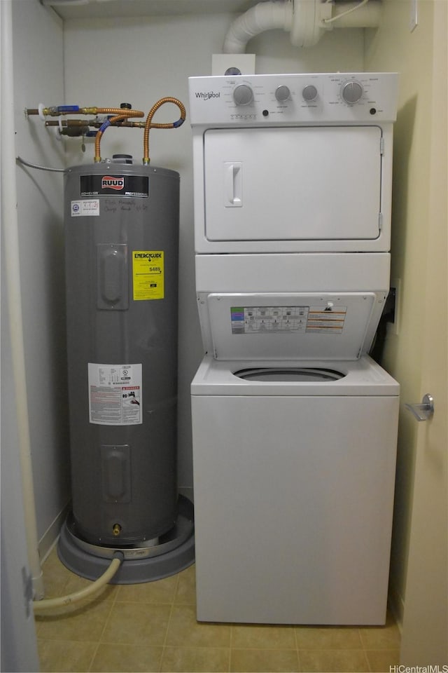 1200 Queen Emma St Unit 3511, Honolulu, HI 96813 - laundry area featuring stacked washer / dryer, water heater, and light tile patterned flooring