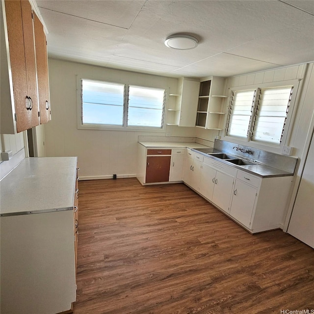 3216 Kaimuki Ave, Honolulu, HI 96816 - kitchen featuring dark wood finished floors, open shelves, white cabinetry, and light countertops
