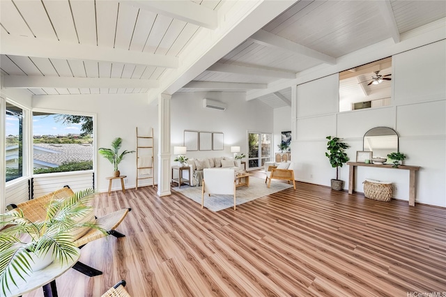 1670 Halekoa Dr, Honolulu, HI 96821 - living area with a wall unit AC, plenty of natural light, light wood finished floors, a ceiling fan, and wooden ceiling