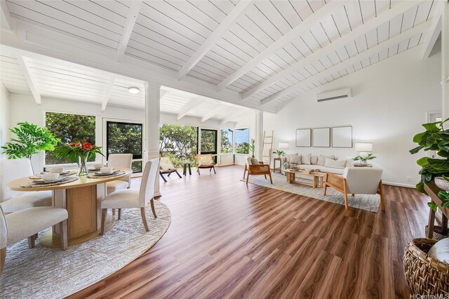 1670 Halekoa Dr, Honolulu, HI 96821 - dining room featuring wood finished floors, an AC wall unit, and wooden ceiling